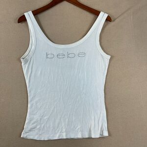 Bebe Womens Tank Top Size Large White With Rhinestone Logo Y2K Rare Retro 2000s